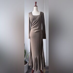 OGL Taupe Long-Sleeve Maxi Dress with Square Neck